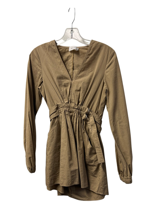 A.L.C. Size 2 Khaki Cotton Blend Long Sleeve Deep V back Belted Waist Dress Khaki / 2