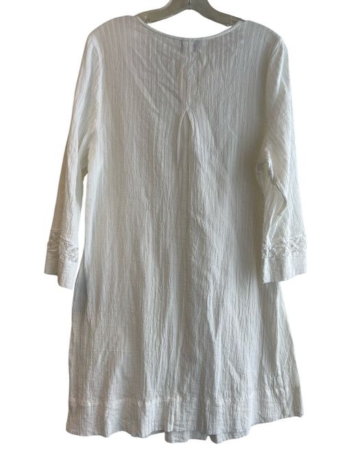 Oscar de la Renta Size M White Cotton Split V Neck Long Sleeve Lace Detail Dress White / M