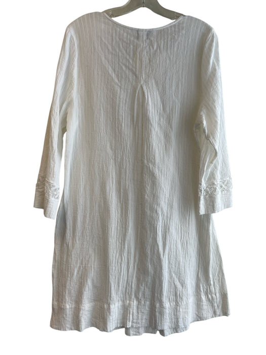 Oscar de la Renta Size M White Cotton Split V Neck Long Sleeve Lace Detail Dress White / M