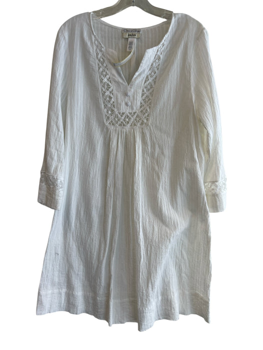 Oscar de la Renta Size M White Cotton Split V Neck Long Sleeve Lace Detail Dress White / M