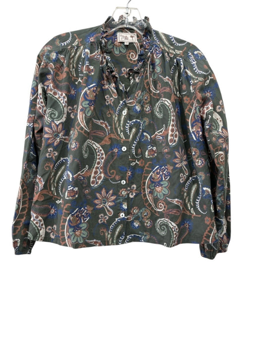 Mille Resort & Travel Size XS Green, Blue, Brown Cotton Long Sleeve Blouse Top Green, Blue, Brown / XS