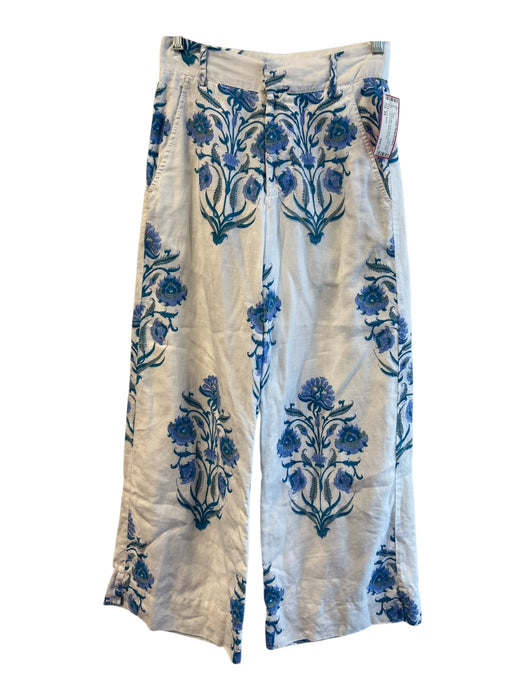 Roller Rabbit Size XS White & Blue Linen Floral Zip Fly Wide Leg Pockets Pants White & Blue / XS