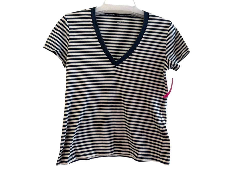 Ann Mashburn Size Small Navy & white Cotton Striped Short Sleeve V Neck Top Navy & white / Small