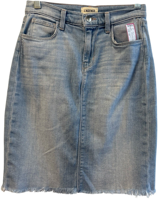L'agence Size 24 Light Denim Cotton 5 Pocket Zip Fly Frayed Hem Skirt Light Denim / 24