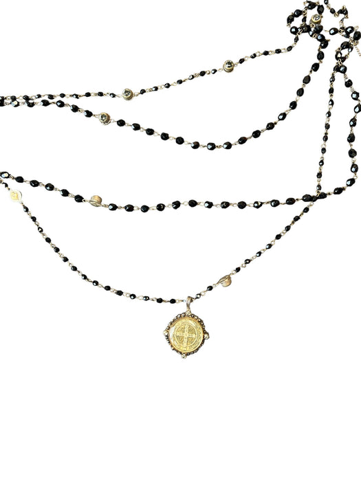 Virgins Saints & Angels Black & Gold Beaded Rhinestone Stacked Pendant Necklace Black & Gold