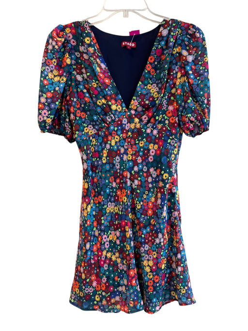 Staud Size 2 Multi Polyester Blend V Neck Short Puff Sleeve Floral Print Dress Multi / 2