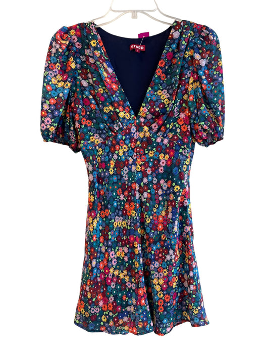Staud Size 2 Multi Polyester Blend V Neck Short Puff Sleeve Floral Print Dress Multi / 2