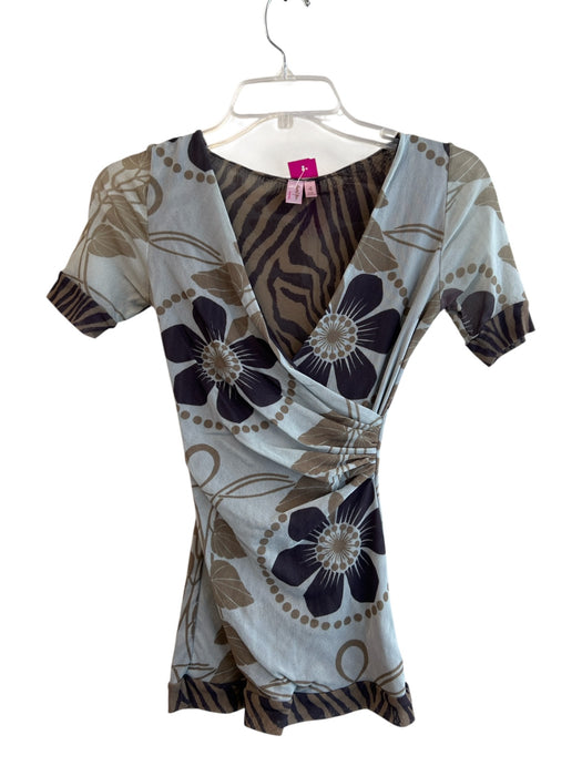 Sweet Pea Size S Blue Nylon V Neck Faux Wrap Gathered Side short sleeve Top Blue / S