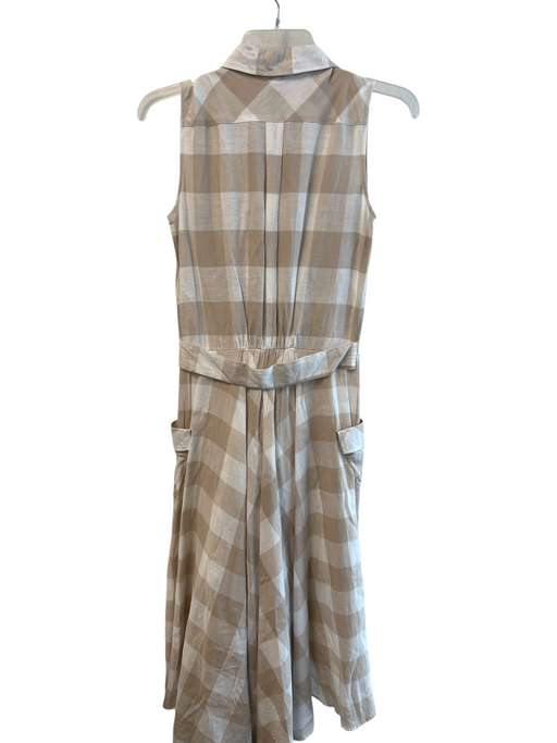 Sara Roka Size Est S Beige & White Cotton Blend Sleeveless Plaid Waist Bag Dress Beige & White / Est S