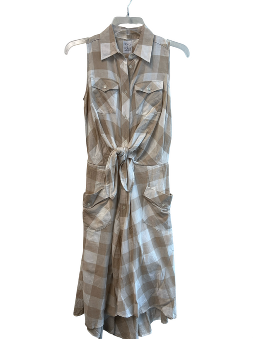 Sara Roka Size Est S Beige & White Cotton Blend Sleeveless Plaid Waist Bag Dress Beige & White / Est S