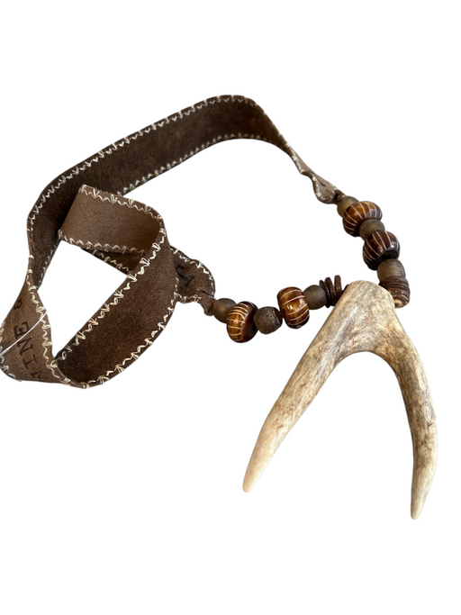 Twine & Twig Brown Leather Tooth Beaded Necklace Brown