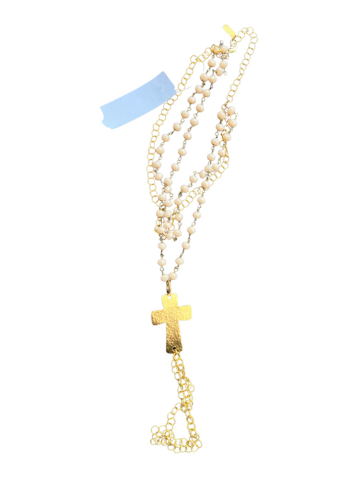 Lula 'n Lee White & Gold Metal Beaded Cross Lobster Clasp Stacked Necklace White & Gold