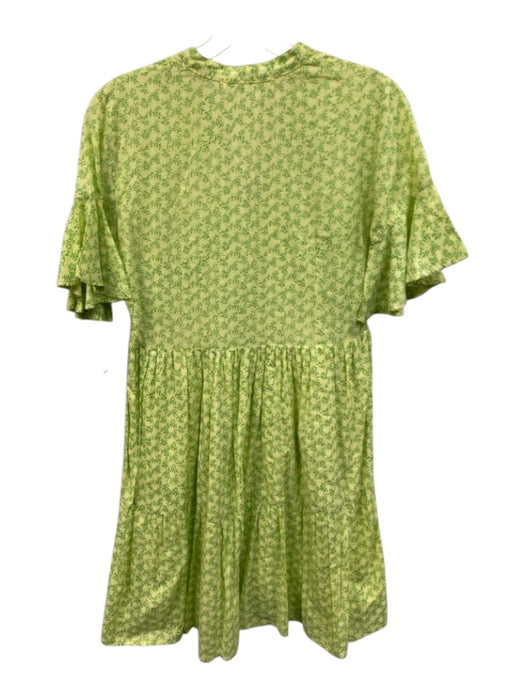 Banjanan Size XS Green Cotton V Neck Mini Flare Sleeves Printed Dress Green / XS