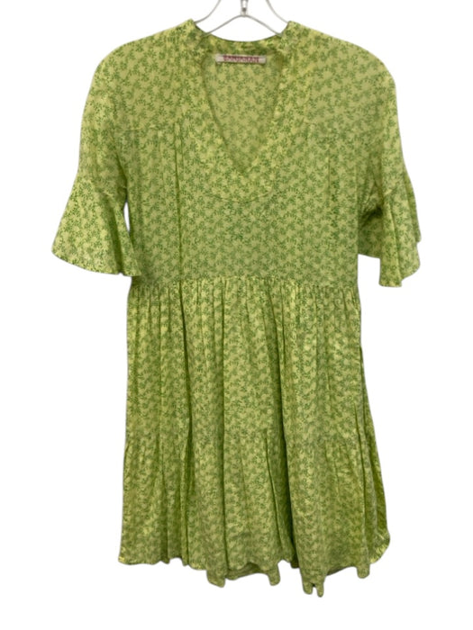 Banjanan Size XS Green Cotton V Neck Mini Flare Sleeves Printed Dress Green / XS