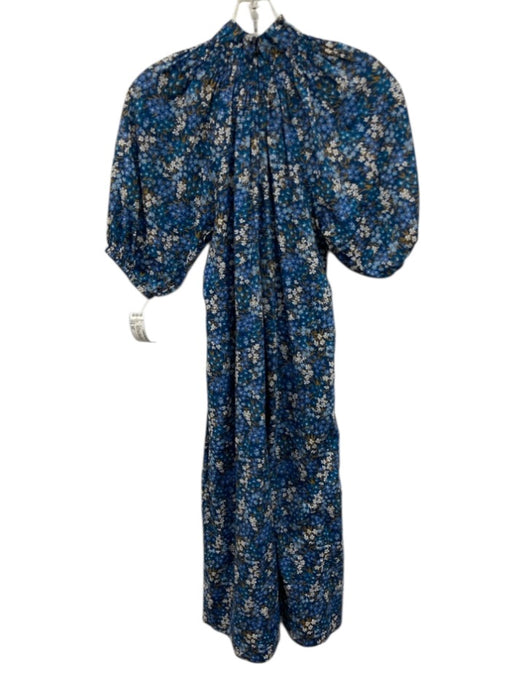 J Crew Size XS Blue Multi Cotton Floral Zip Close Puff Sleeve Midi Dress Blue Multi / XS