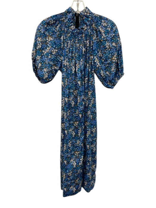 J Crew Size XS Blue Multi Cotton Floral Zip Close Puff Sleeve Midi Dress Blue Multi / XS