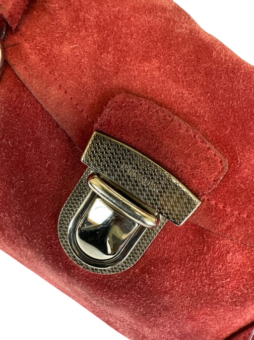 Prada Red Suede Silver Hardware Enamel Logo Top Handle Push Lock Closure Bag Red