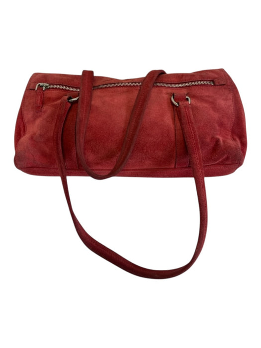 Prada Red Suede Silver Hardware Enamel Logo Top Handle Push Lock Closure Bag Red