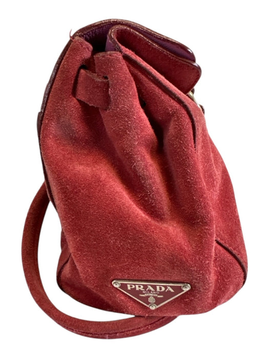 Prada Red Suede Silver Hardware Enamel Logo Top Handle Push Lock Closure Bag Red