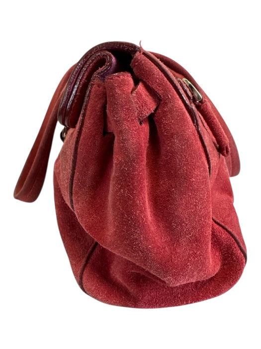 Prada Red Suede Silver Hardware Enamel Logo Top Handle Push Lock Closure Bag Red