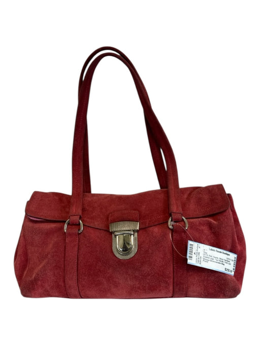 Prada Red Suede Silver Hardware Enamel Logo Top Handle Push Lock Closure Bag Red