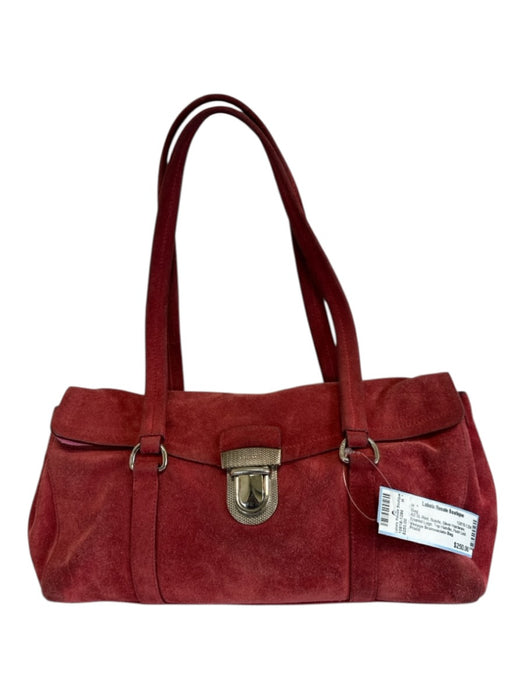 Prada Red Suede Silver Hardware Enamel Logo Top Handle Push Lock Closure Bag Red