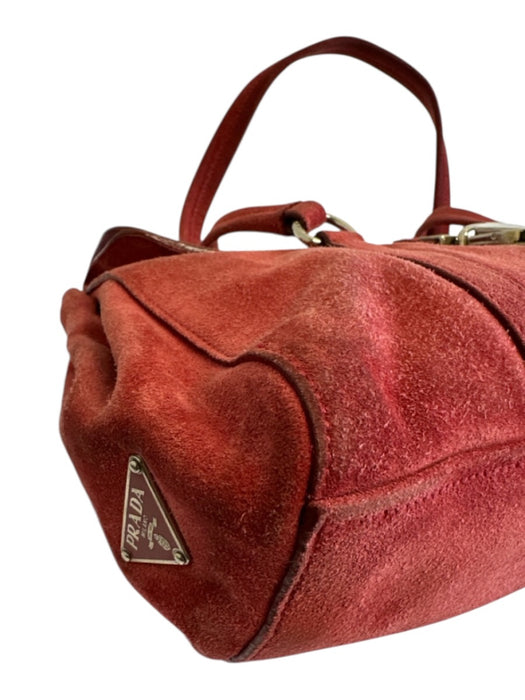 Prada Red Suede Silver Hardware Enamel Logo Top Handle Push Lock Closure Bag Red