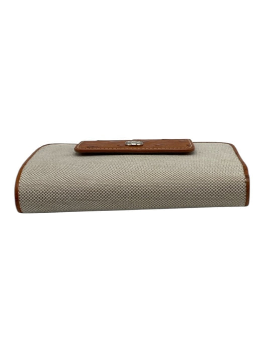 Kwanpen White & Brown Ostrich Leather Snap Button Bi- Fold Wallets White & Brown