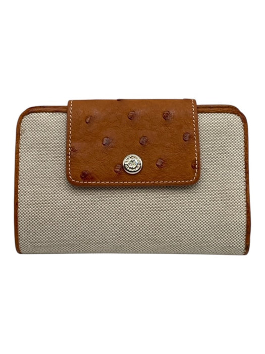 Kwanpen White & Brown Ostrich Leather Snap Button Bi- Fold Wallets White & Brown