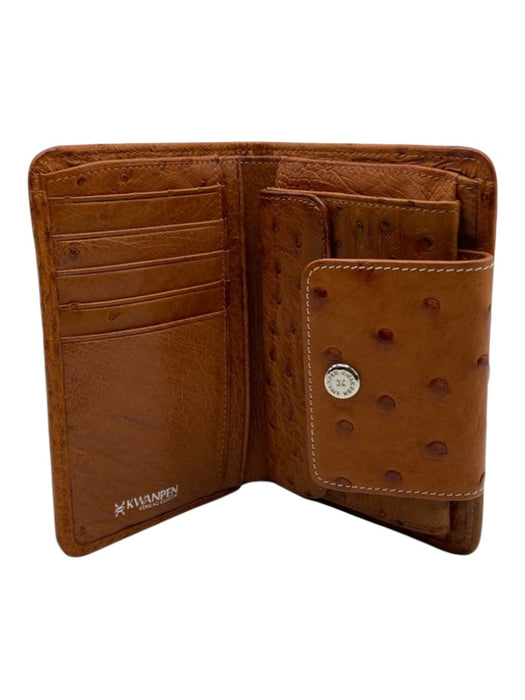 Kwanpen White & Brown Ostrich Leather Snap Button Bi- Fold Wallets White & Brown