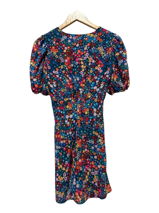 Staud Size 2 Navy & Multi Polyester Short Sleeve Flowers V Neck Side Zip Dress Navy & Multi / 2