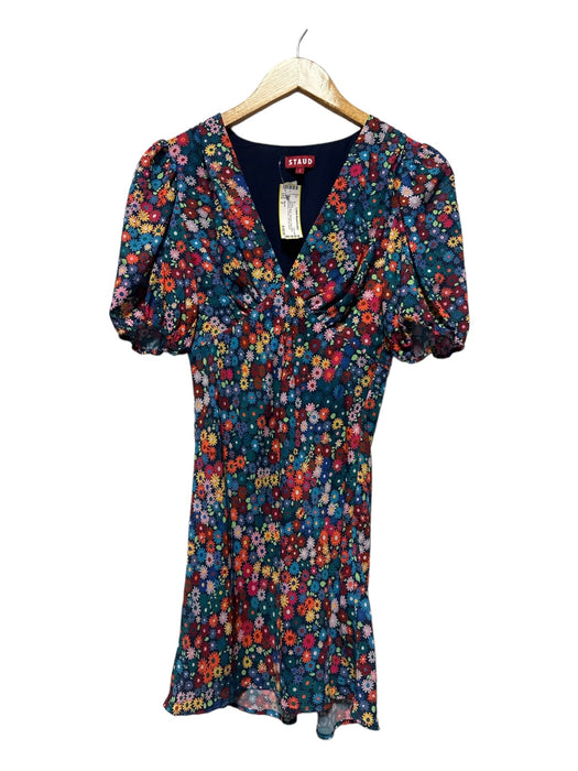 Staud Size 2 Navy & Multi Polyester Short Sleeve Flowers V Neck Side Zip Dress Navy & Multi / 2