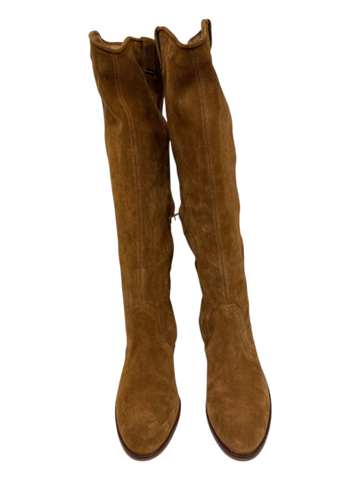 Sbicca Shoe Size 10 Tan Brown Leather Upper Almond Toe Block Heel Side Zip Boots Tan Brown / 10