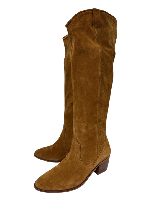 Sbicca Shoe Size 10 Tan Brown Leather Upper Almond Toe Block Heel Side Zip Boots Tan Brown / 10