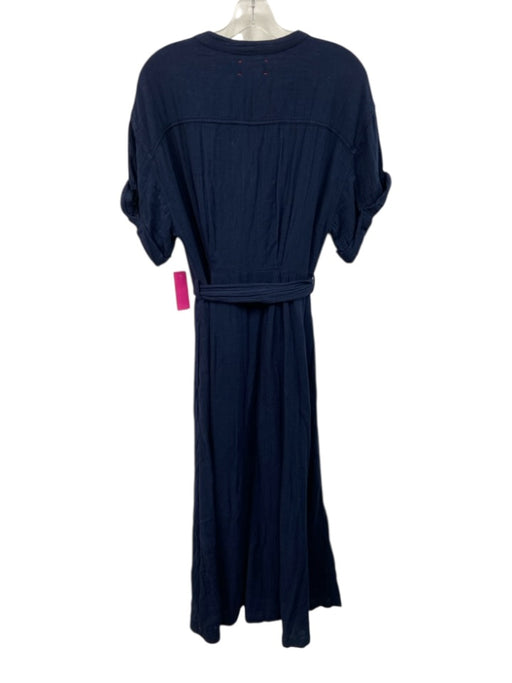XiRENA Size L Navy Cotton Short Sleeve Buttons Midi Seersucker Dress Navy / L