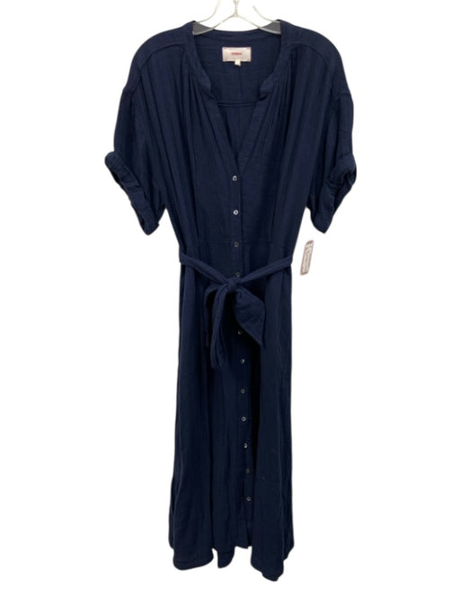 XiRENA Size L Navy Cotton Short Sleeve Buttons Midi Seersucker Dress Navy / L