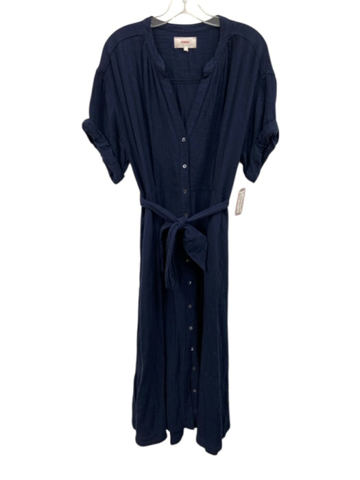 XiRENA Size L Navy Cotton Short Sleeve Buttons Midi Seersucker Dress Navy / L