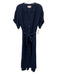 XiRENA Size L Navy Cotton Short Sleeve Buttons Midi Seersucker Dress Navy / L