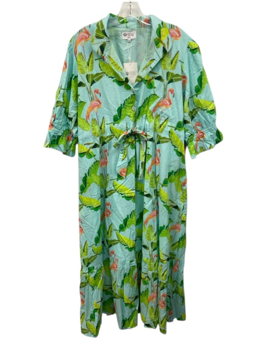 Holly Shae Design Size M/L Blue, Green & Multi Cotton Button Up Tropical Dress Blue, Green & Multi / M/L