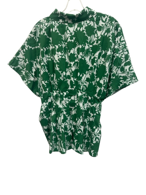 Exquise Size 1X Green & White Cotton Cap Sleeve Floral Buttons Pleats Top Green & White / 1X