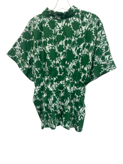 Exquise Size 1X Green & White Cotton Cap Sleeve Floral Buttons Pleats Top Green & White / 1X