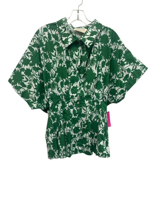 Exquise Size 1X Green & White Cotton Cap Sleeve Floral Buttons Pleats Top Green & White / 1X