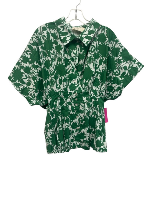 Exquise Size 1X Green & White Cotton Cap Sleeve Floral Buttons Pleats Top Green & White / 1X