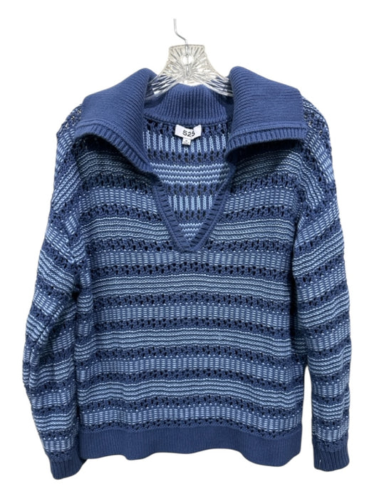 525 Size M Periwinkle & Light Blue Cotton Open Knit V Neck Collar Sweater Periwinkle & Light Blue / M