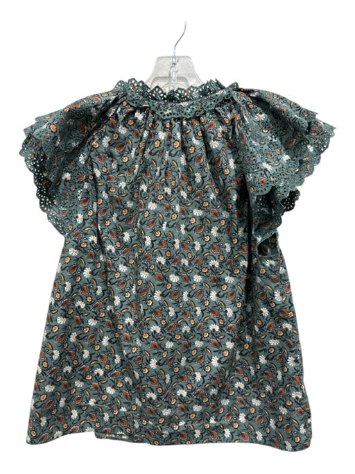 Ulla Johnson Size 8 Green, Brown & White Cotton Short Sleeve Floral eyelet Top Green, Brown & White / 8