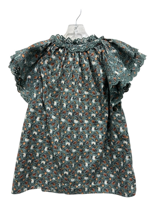 Ulla Johnson Size 8 Green, Brown & White Cotton Short Sleeve Floral eyelet Top Green, Brown & White / 8