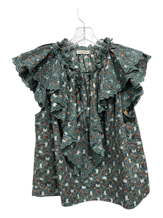 Ulla Johnson Size 8 Green, Brown & White Cotton Short Sleeve Floral eyelet Top Green, Brown & White / 8