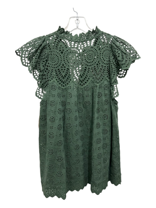 Ulla Johnson Size 6 Olive Green Cotton & Viscose Short Sleeve Eyelet V Neck Top Olive Green / 6