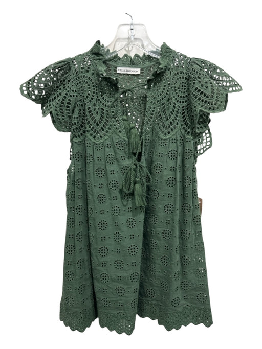 Ulla Johnson Size 6 Olive Green Cotton & Viscose Short Sleeve Eyelet V Neck Top Olive Green / 6