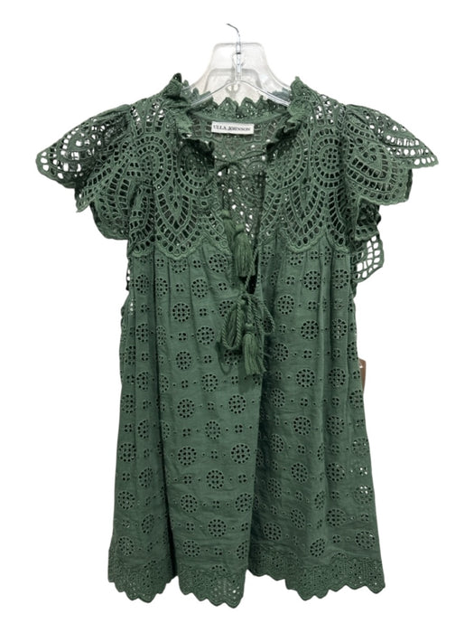 Ulla Johnson Size 6 Olive Green Cotton & Viscose Short Sleeve Eyelet V Neck Top Olive Green / 6
